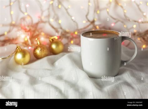Christmas Coffee Mug Mockup Golden Decoration Bokeh Lights Background