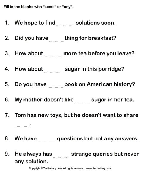 English grammar worksheets on tenses and verbs. Complete the Sentence with Some or Any Worksheet - Turtle ...