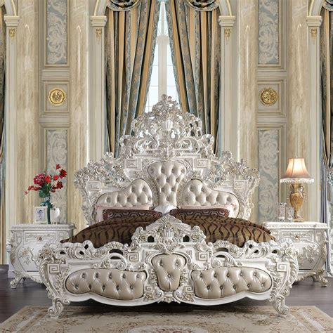 Luxury Glossy White King Bed Carved Wood Traditional Homey Design Hd