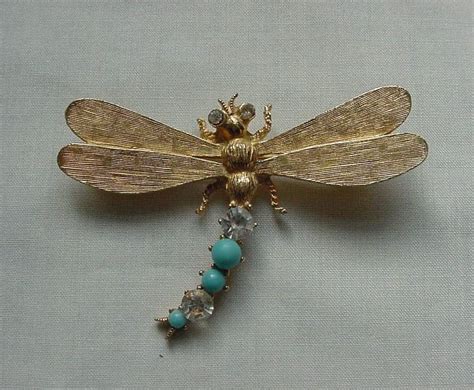 Vintage Brushed Gold Tone Rhinestone Turquoise Dragon Fly Pin Brooch