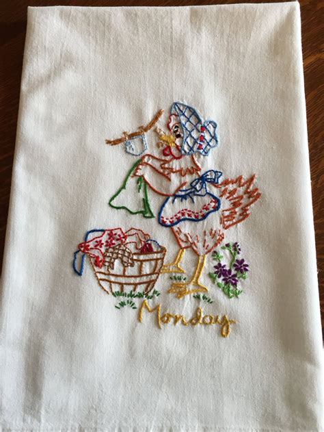 Hand Embroidered Flour Sack Dish Towels For Every Day Of The Week Set