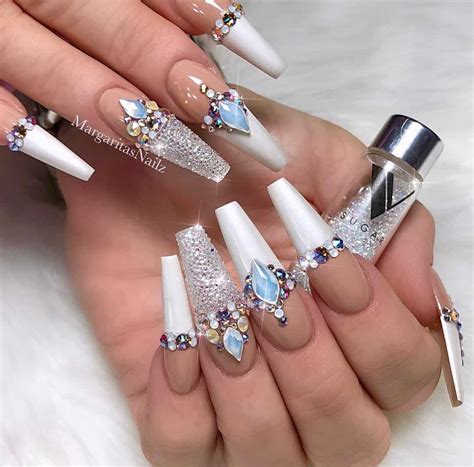 white acrylic nails with design acrylic nail designs rhinestones nails rhinestone long polish