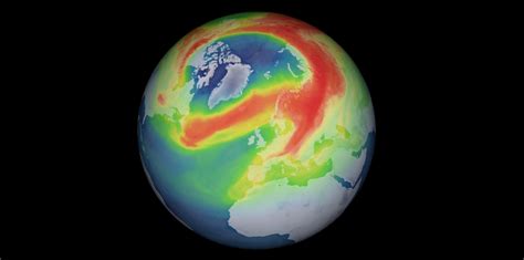 A steady lowering of about four percent in the total amount of ozone in earth's atmosphere (the ozone layer). Unusual ozone hole opens over the Arctic