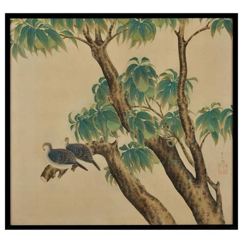 Japanese Framed Silk Painting Turtledoves And Peaches Taisho Era