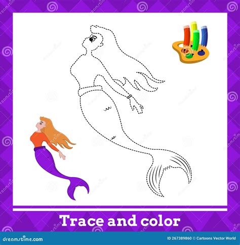 Trace And Color For Kids Mermaid Activity Vector Illustration Stock