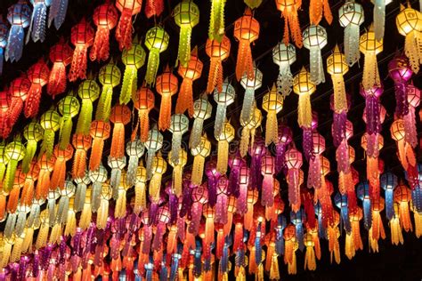 Colorful Hanging Lanterns Lighting On Night Sky In Loy Krathong