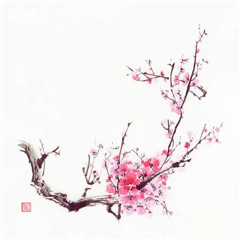 Bushy Sakura Branch With Pink Flowers Chinese Zen Brush Painting