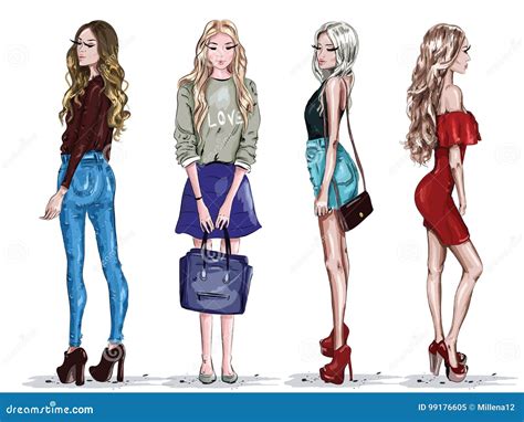 Hand Drawn Set With Beautiful Young Women In Fashion Clothes Stylish