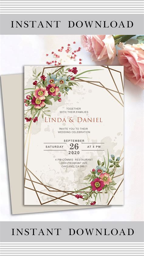 Beige Wedding Invitation Template With Flower Wreath Geometric Beige