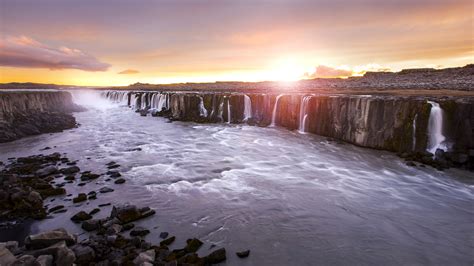 Selfoss Waterfall In Iceland Sunset Landscape Best Hd Desktop