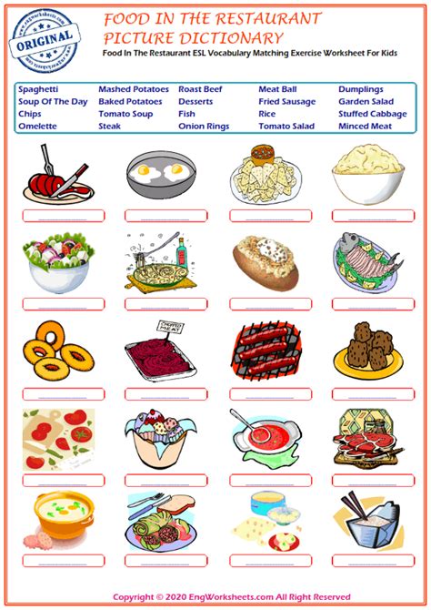 Food In The Restaurant Esl Printable Picture Dictionary Worksheet For