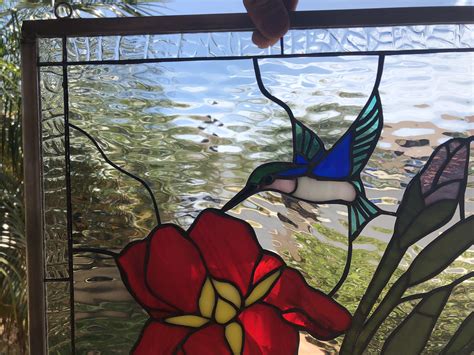 Gorgeous Iris And Hummingbird Leaded Stained Glass Window Panel