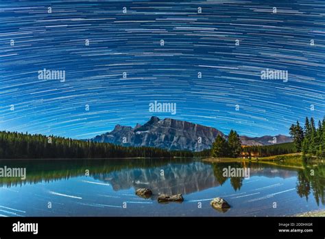 Beautiful Star Trails Above The Mount Rundle From Two Jack Lake At