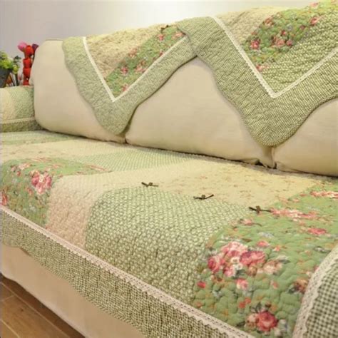 Green Floral Sofa Covers Couch Cover Pastoral Washed Cotton Quilted