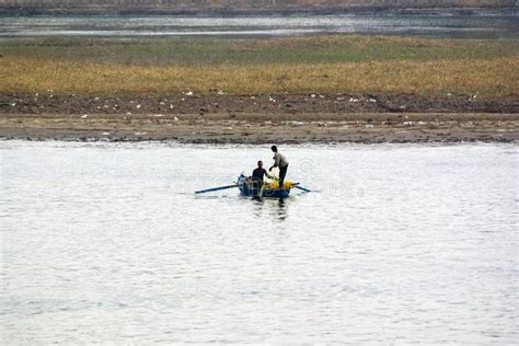 Nile River Near Aswnm Egypt February 21 2017 Two Fishermen Fishing