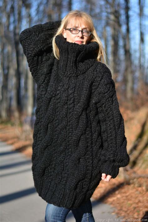 Hand Knit Chunky Merino Blend Unisex Huge Turtleneck Cabled Sweaterh6