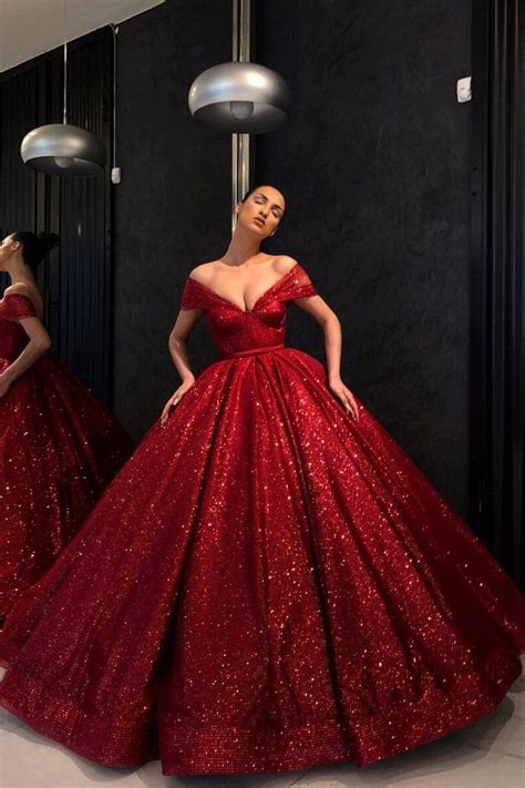 sparkling sequin red ball gown prom dress off the shoulder neckline loveangeldress