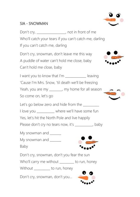 Don't cry snowman, don't leave me this way. Sia - Snowman worksheet