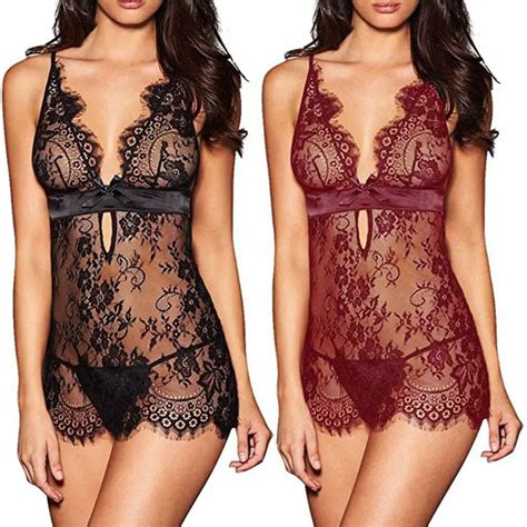 Womens Sexy See Through Eyelash Lace Nightdress Backless Cut Out Lingerie Deep V Nightgown In
