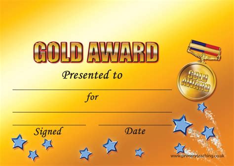 Customised Gold Award Certificate A Pupil Rewards Within Star Award