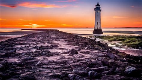 Lighthouse Wallpaper 4k Beach Rocky Coast Sunset Blue Hour Nature