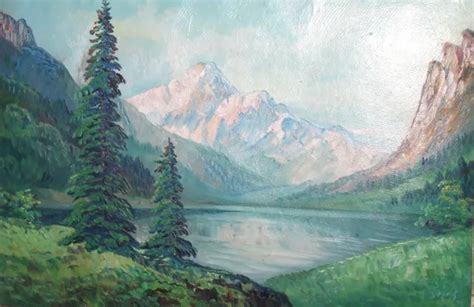 Antique Impressionist Mountain Lake Landscape Oil Painting 30492
