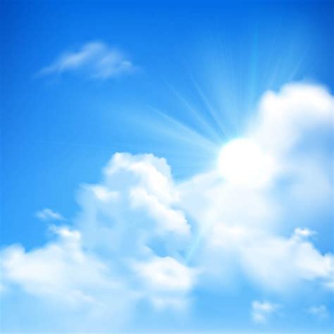 Bright Sunbeams Coming Out Of Heap Clouds In Blue Sky Background