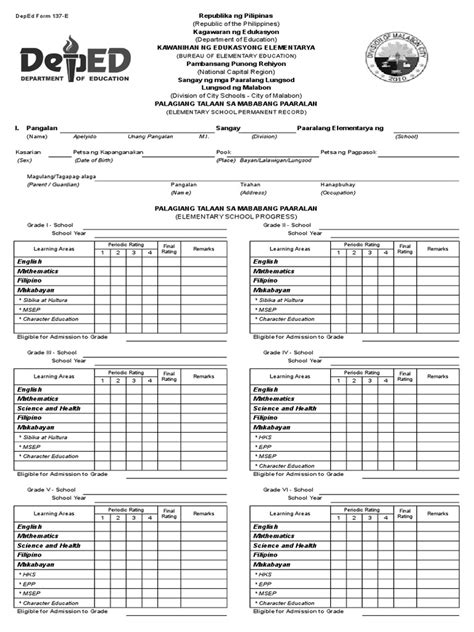 Deped Form 137 E Southeast Asia Philippines