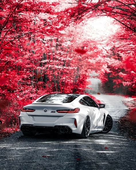 A White Sports Car Parked On The Side Of A Road In Front Of Red Trees
