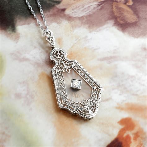 Art Deco Diamond Crystal Pendant Circa S Filigree White Gold Pendant Necklace K Antique