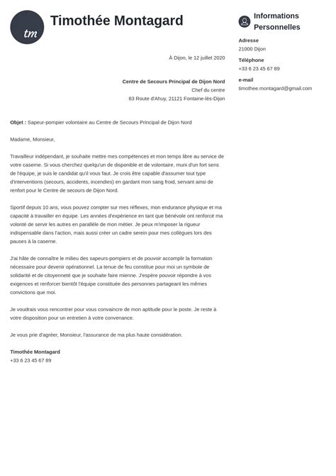 Exemple Lettre De Motivation Sapeurpompier Volontaire Jsp Spv