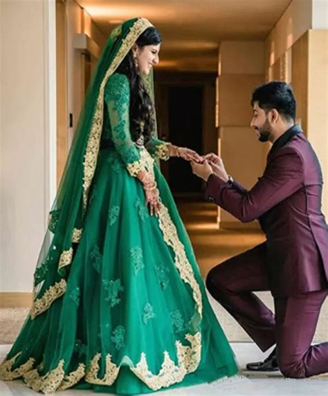Hunter Green Muslim Indian Wedding Dresses With Long Sleeve 2019 Luxury