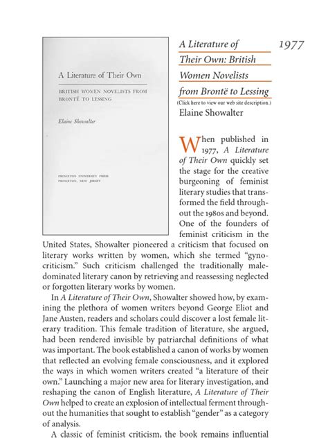A Literature Of Their Own British Women Novelists From Brontë Pdf Woman Gender Equality