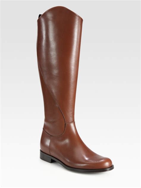 Pollini Leather Flat Knee High Riding Boots In Brown Lyst