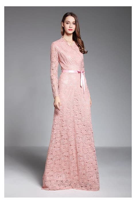 Pink Long Sleeve Lace Formal Evening Dress With Sash Ck