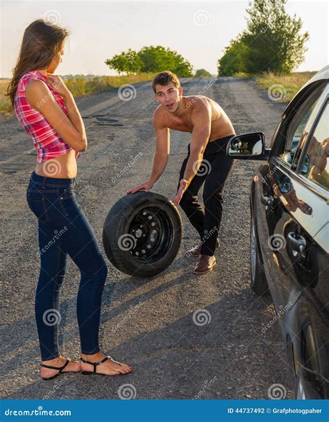 Couple Stock Photo Image Of Help Automobile Changing