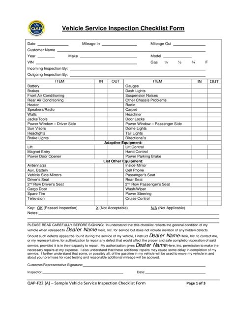 Printable Vehicle Inspection Form