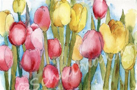 Tulip Painting Pink Yellow Watercolor Flowers