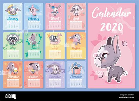 Cute Animals 2020 Calendar Design Template With Cartoon Kawaii