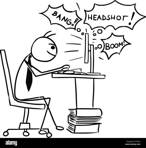 Cartoon Vector Doodle Stickman Playing Video Game On Computer Screen
