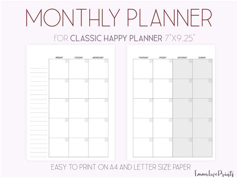 Monthly Planner Month On Two Pages Happy Planner Inserts Etsy