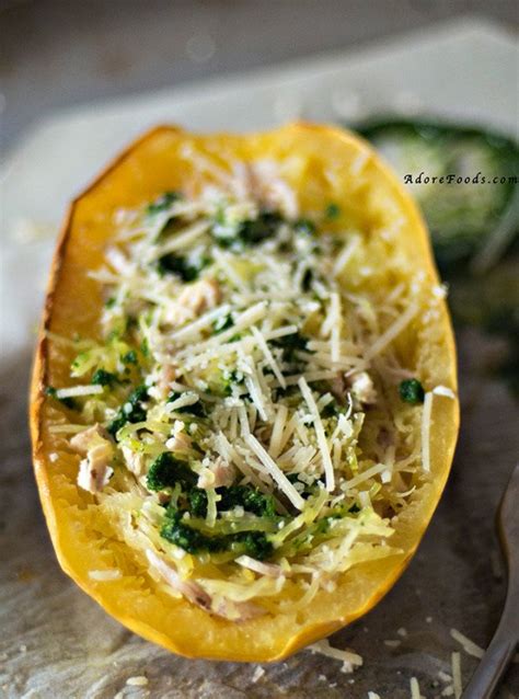 Baked Spaghetti Squash With Grilled Chicken And Fresh Pesto Adore Foods