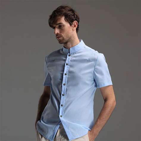 Mandarin Collar Short Sleeve Cotton Shirt Blue