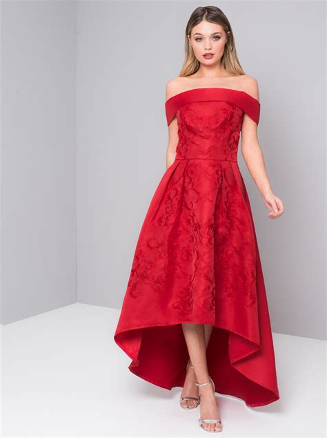 bardot neckline embroidered midi dip hem dress in red vestidos deb mejores vestidos de novia