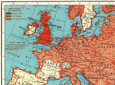 1942 Antique Wartime Europe Map Vintage Map Of Europe The Etsy