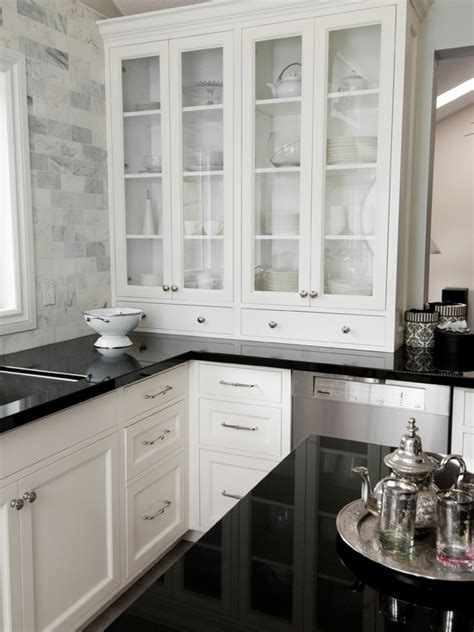 The sink hole is regular double sink size: Glass Front Kitchen Cabinets - Transitional - kitchen