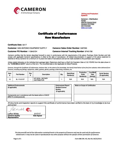 Certification Of Conformance Template