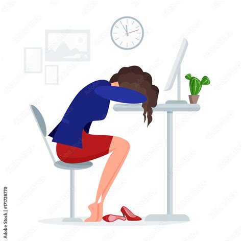 Woman Get Tired Sleeping At Work At Lunch Time Right At The Office Desk Near Computer On A White