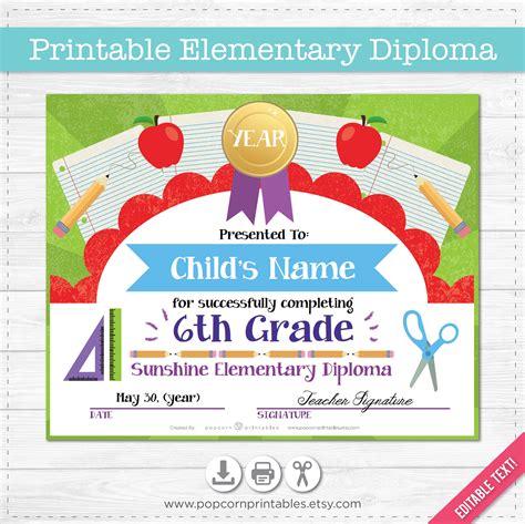 Elementary School Graduation Diploma Certificate Etsy Uk