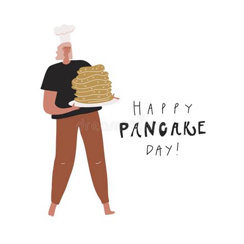 Woman Chef With Stack Of Pancakes Hand Drawn Image And Text Happy